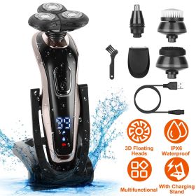 5 In 1 Electric Razor Shaver Rechargeable Cordless Head Beard Trimmer Shaver Kit IPX6 Waterproof Dry Wet Grooming Kit (Color: BLACK)